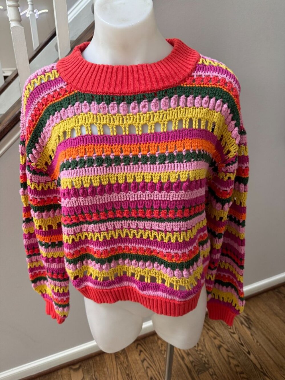 Farm Rio Fruit Dream Crochet Knit Striped Cotton Sweater Size Small - Picture 2 of 4